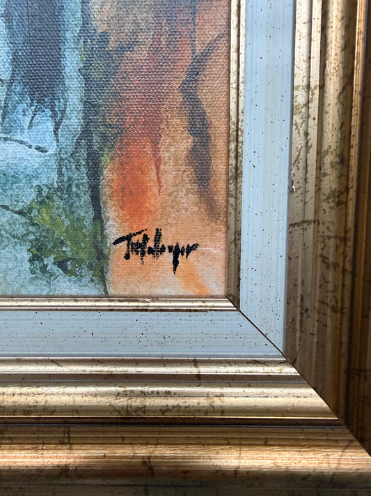 Set of two abstract oil paintings on canvas w/ gold frames.