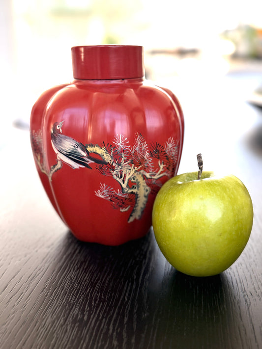 Vintage Red Lacquer Asian Bird Motif Decorative Jar with Lid