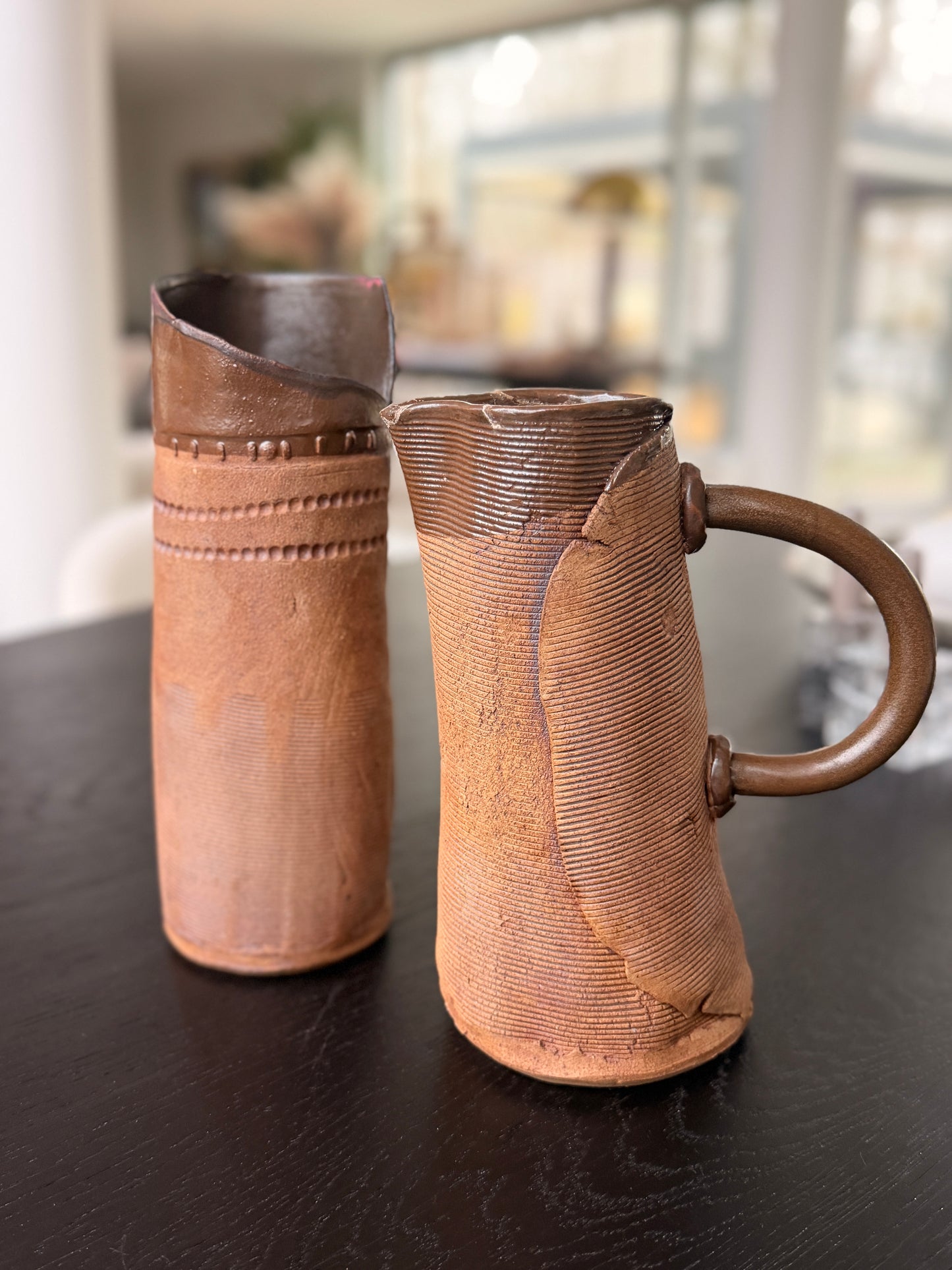 Vintage handmade matching clay vase & pitcher.
