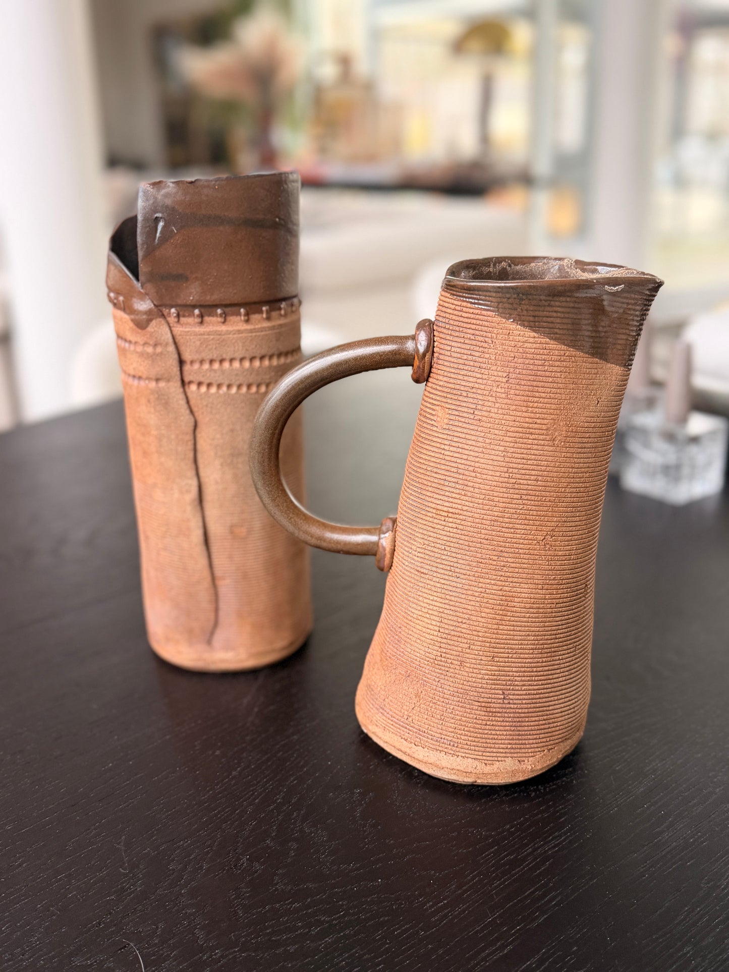 Vintage handmade matching clay vase & pitcher.