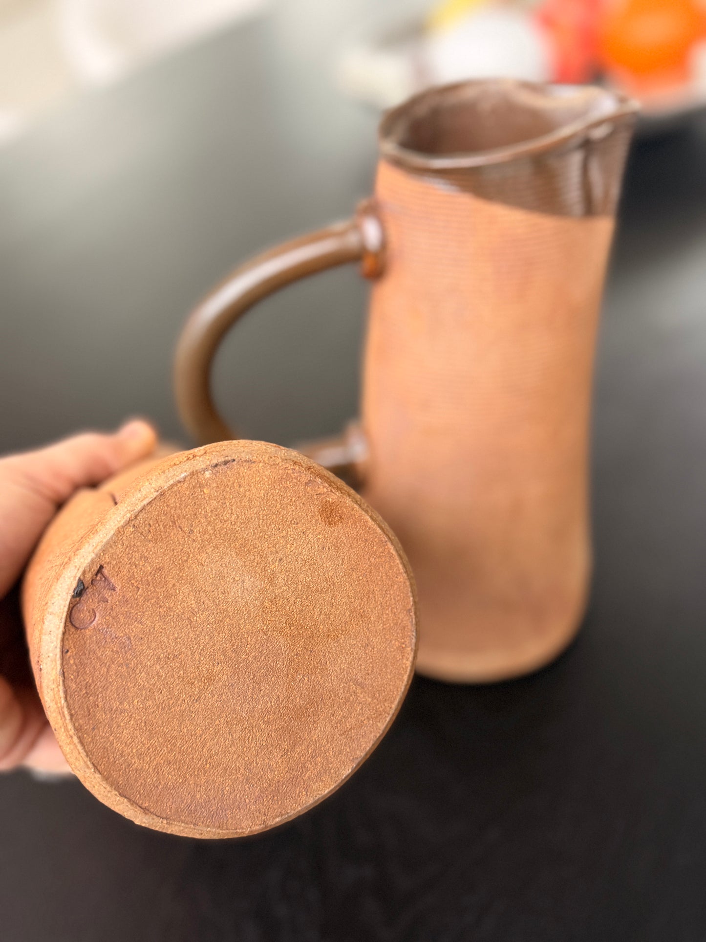 Vintage handmade matching clay vase & pitcher.
