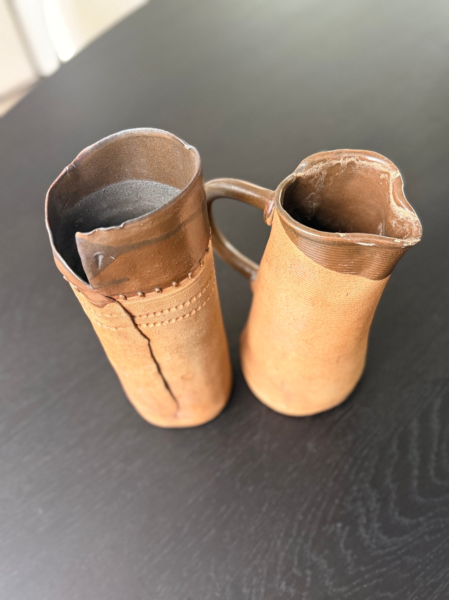 Vintage handmade matching clay vase & pitcher.