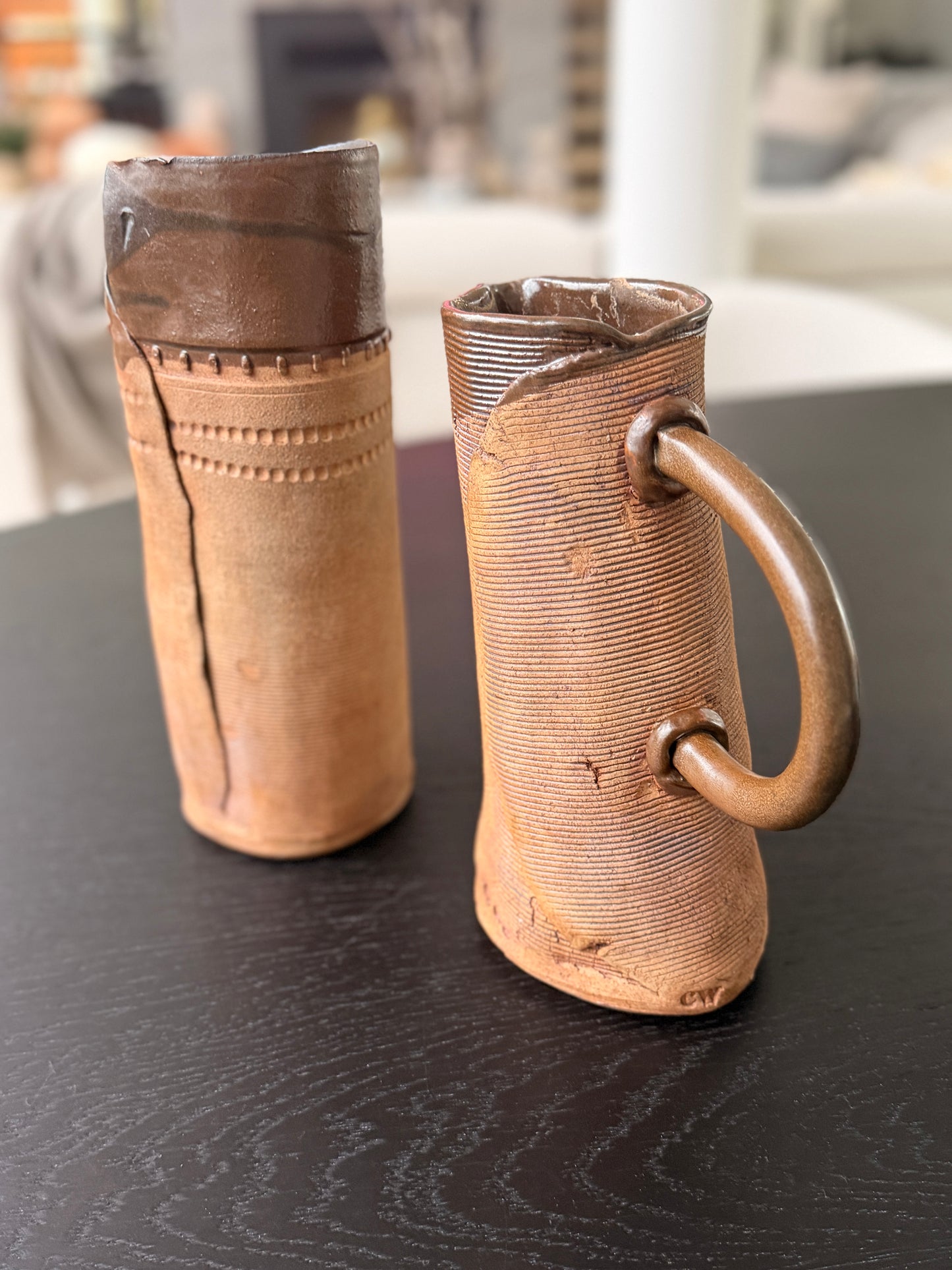 Vintage handmade matching clay vase & pitcher.