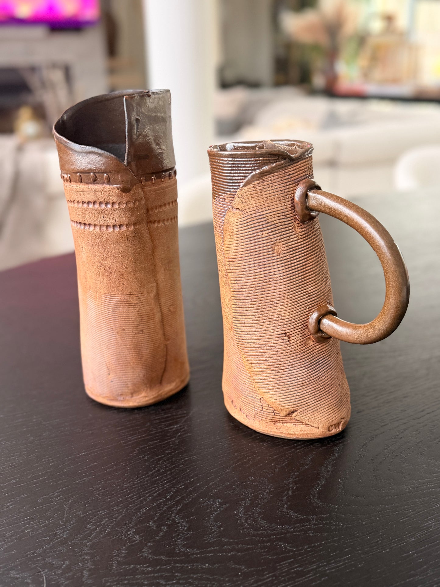 Vintage handmade matching clay vase & pitcher.