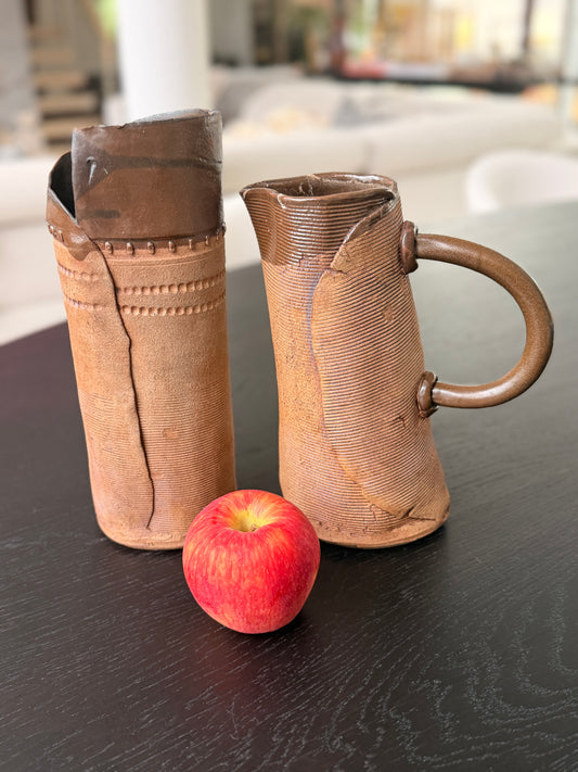 Vintage handmade matching clay vase & pitcher.