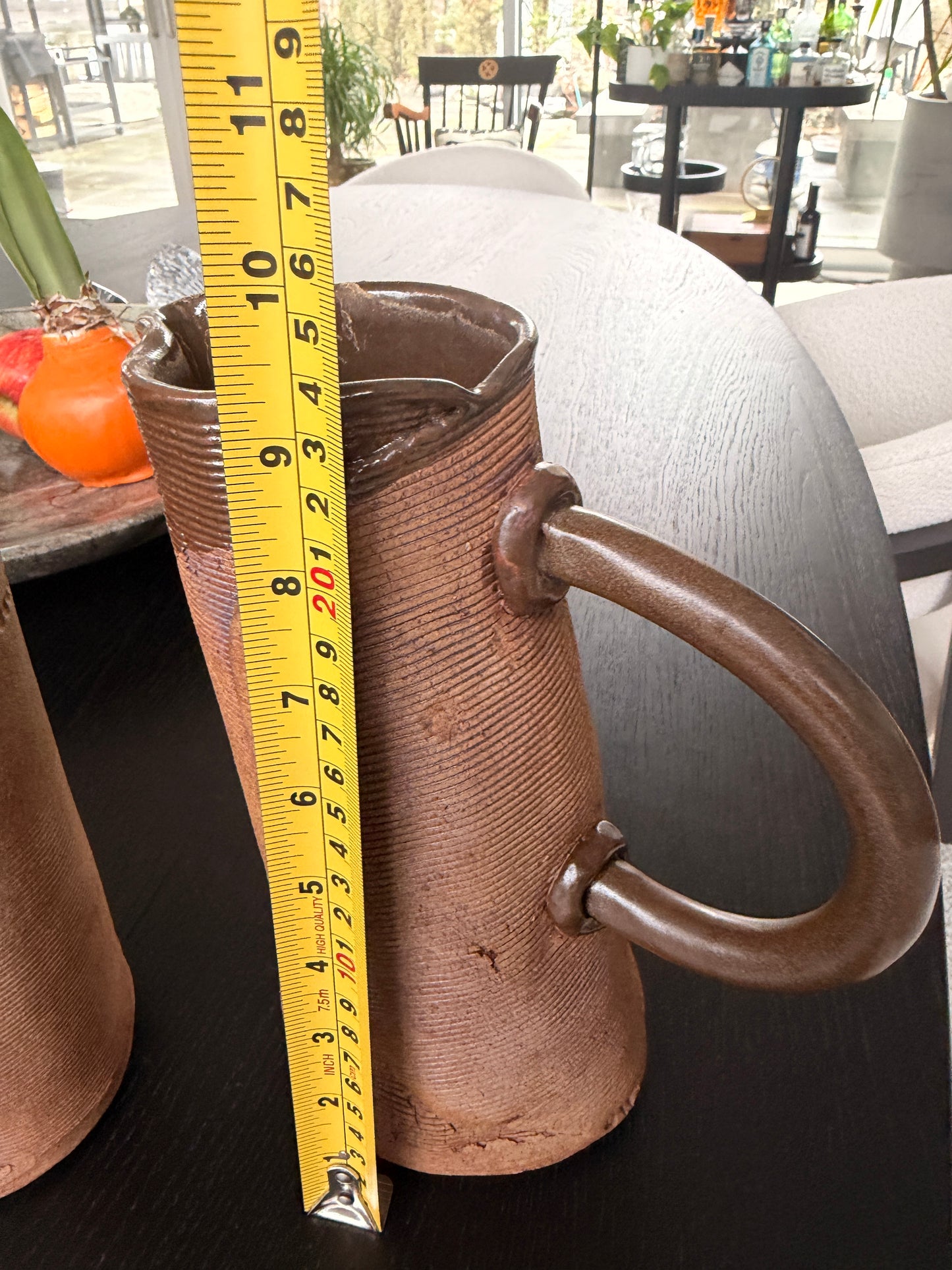 Vintage handmade matching clay vase & pitcher.
