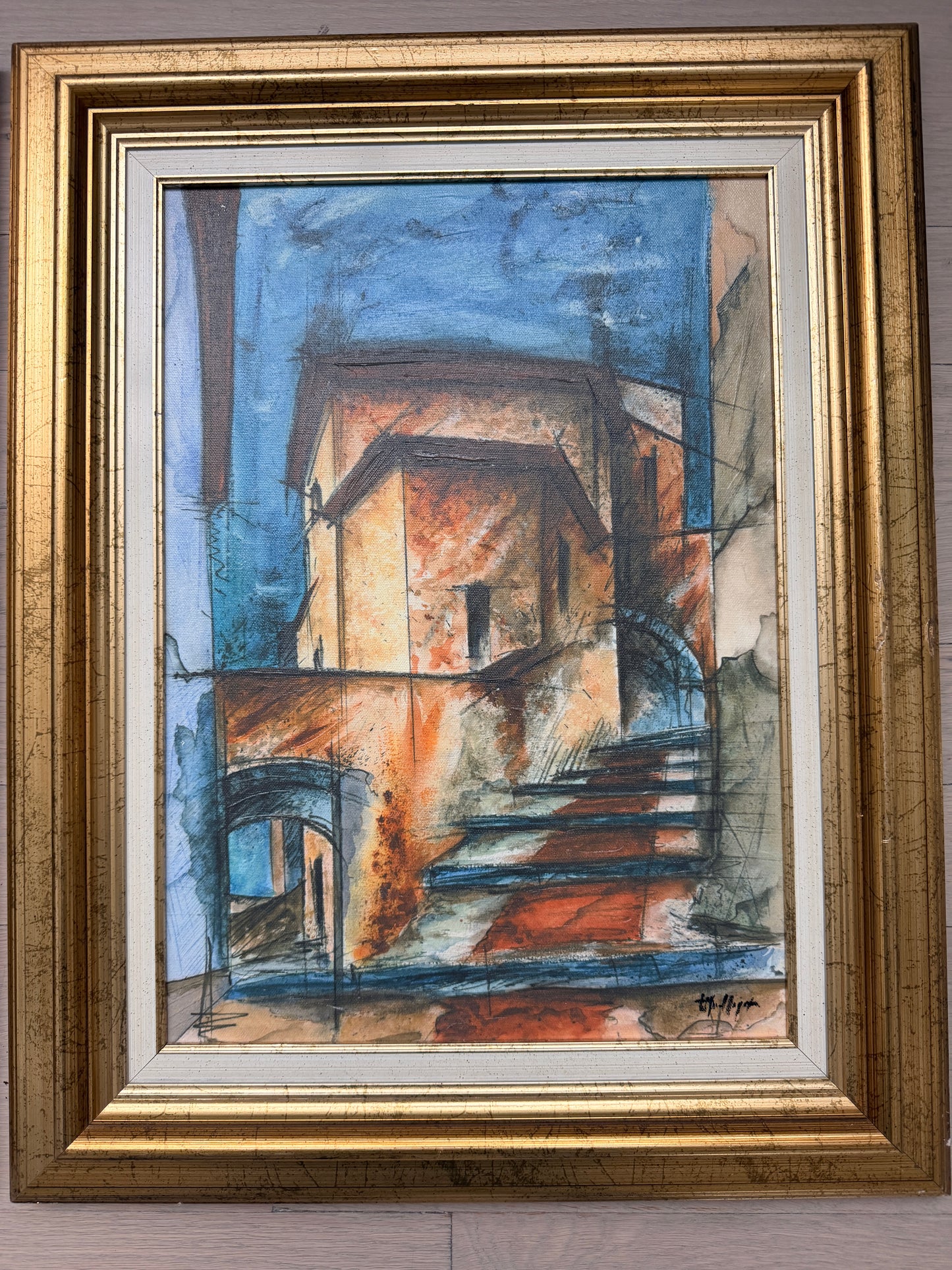 Set of two abstract oil paintings on canvas w/ gold frames.