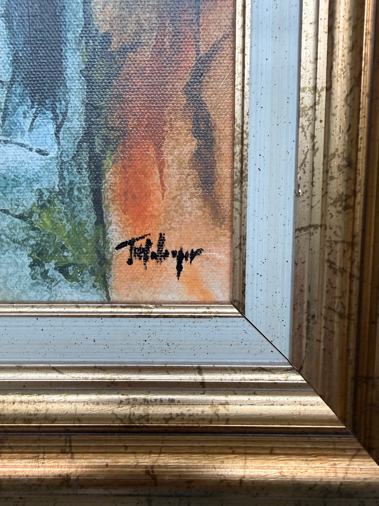 Set of two abstract oil paintings on canvas w/ gold frames.