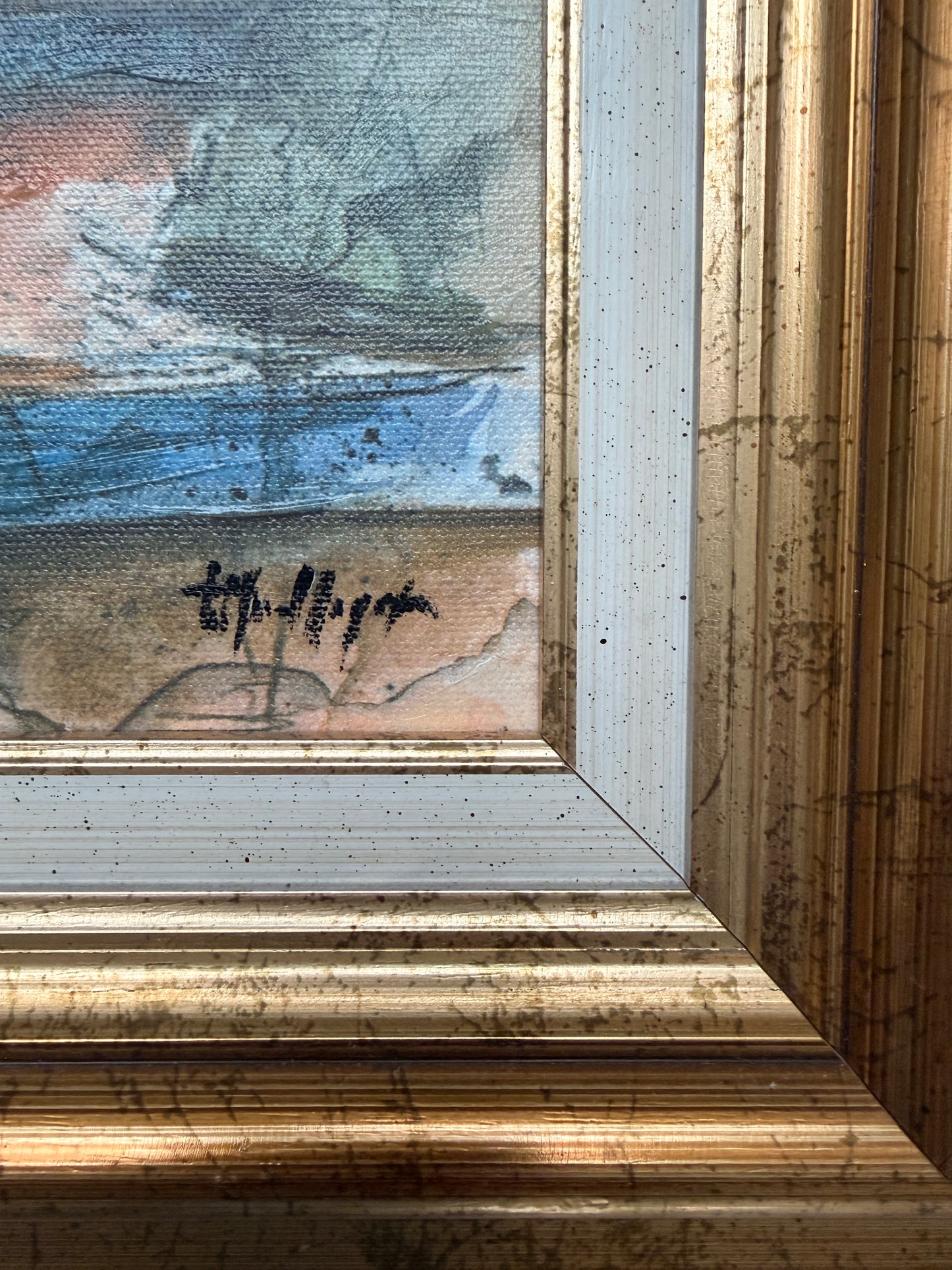 Set of two abstract oil paintings on canvas w/ gold frames.