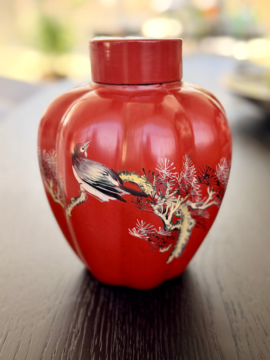 Vintage Red Lacquer Asian Bird Motif Decorative Jar with Lid